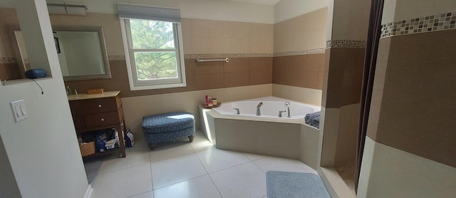 501 Hemlock Ln, Libertyville, IL 60048 - full bath with a garden tub, vanity, tile patterned floors, walk in shower, and tile walls