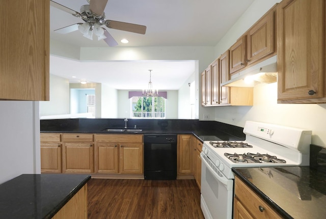 13245 Honeysuckle Dr, Huntley, IL 60142 - kitchen featuring black dishwasher, white gas range, under cabinet range hood, dark wood-style floors, and ceiling fan