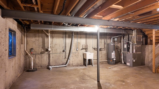 25601 Linden Ave, Monee, IL 60449 - unfinished basement with water heater, heating unit, and drainage system