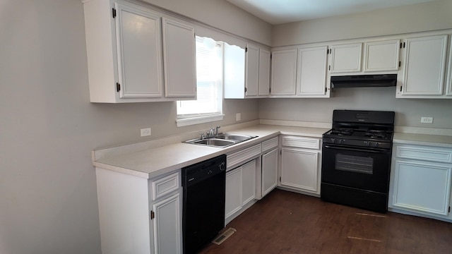 25601 Linden Ave, Monee, IL 60449 - kitchen with black appliances, extractor fan, dark wood-type flooring, light countertops, and white cabinets
