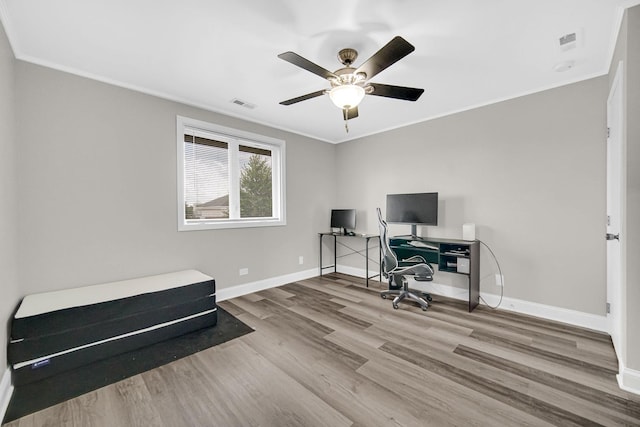 17824 Bernard Dr Unit 3D, Orland Park, IL 60467 - office area featuring wood finished floors, crown molding, and a ceiling fan