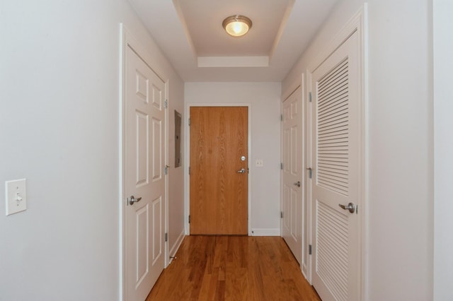 9360 Skokie Blvd Unit 414, Skokie, IL 60077 - hallway with a tray ceiling and light wood finished floors