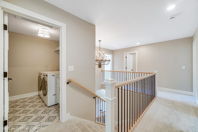 4947 Wilcox Ave, Downers Grove, IL 60515 - laundry area with washing machine and clothes dryer, a chandelier, recessed lighting, and carpet floors