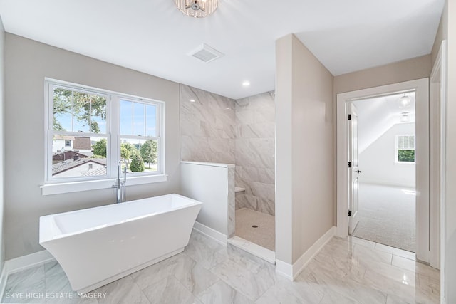 4947 Wilcox Ave, Downers Grove, IL 60515 - bathroom featuring marble finish flooring, a soaking tub, walk in shower, healthy amount of natural light, and recessed lighting