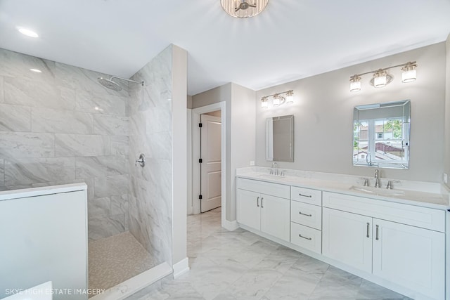 4947 Wilcox Ave, Downers Grove, IL 60515 - full bath featuring marble look tile flooring, a walk in shower, and double vanity