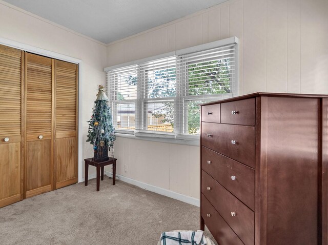 3355 N Neva Ave, Chicago, IL 60634 - bedroom featuring multiple windows, light colored carpet, a closet, and ornamental molding