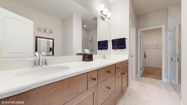 1517 128th St, Lemont, IL 60439 - bathroom featuring a stall shower, marble look tiles, double vanity, and a spacious closet