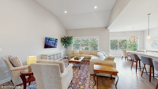 1517 128th St, Lemont, IL 60439 - living area with wood finished floors, vaulted ceiling, recessed lighting, and a chandelier