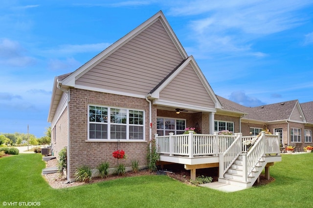 1517 128th St, Lemont, IL 60439 - rear view of property with brick siding, a lawn, a deck, and a ceiling fan