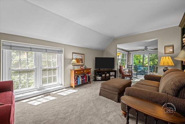 42W285 Retreat Ct Unit 2, Saint Charles, IL 60175 - living area with carpet, vaulted ceiling, and ceiling fan