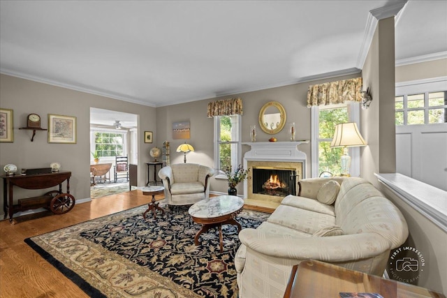 42W285 Retreat Ct Unit 2, Saint Charles, IL 60175 - living area with a high end fireplace, ornamental molding, wood finished floors, and ceiling fan