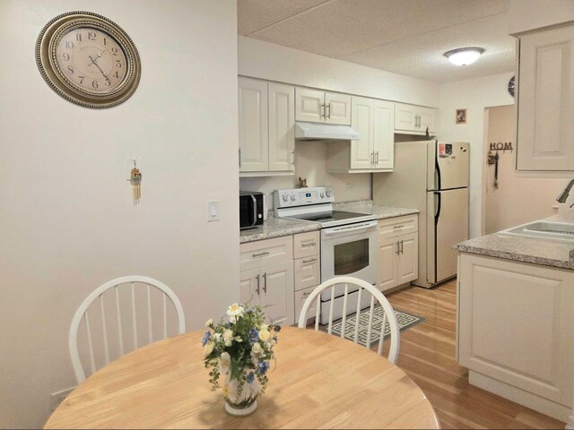 9386 Landings Ln Unit 306, Des Plaines, IL 60016 - kitchen with white appliances, under cabinet range hood, light wood finished floors, and light countertops