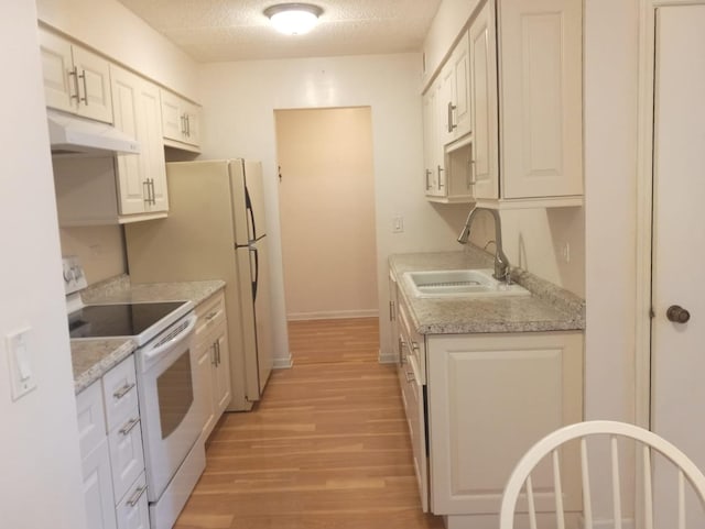 9386 Landings Ln Unit 306, Des Plaines, IL 60016 - kitchen featuring white electric range oven, under cabinet range hood, light wood-style floors, light countertops, and a textured ceiling