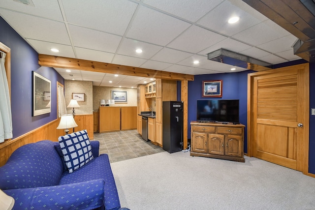 2845 Kendridge Ln, Aurora, IL 60502 - living area with wainscoting, recessed lighting, light carpet, wooden walls, and a paneled ceiling