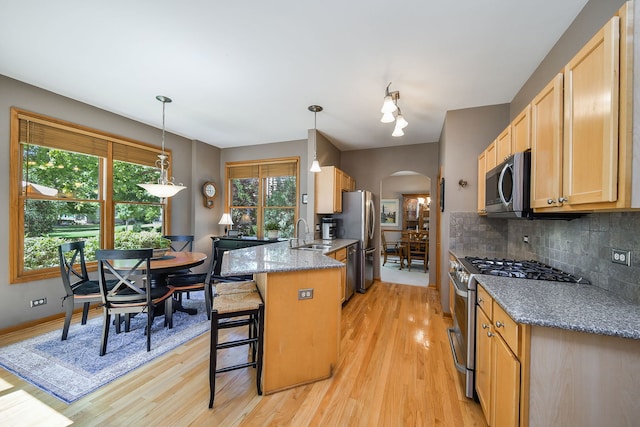 2845 Kendridge Ln, Aurora, IL 60502 - kitchen featuring stainless steel appliances, a peninsula, arched walkways, and light wood-style flooring