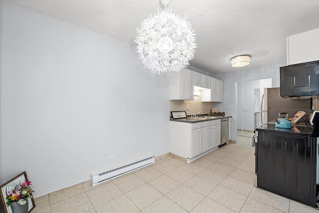 860 E Old Willow Rd Unit 228, Prospect Heights, IL 60070 - kitchen with a baseboard radiator, dishwasher, a chandelier, dark countertops, and tasteful backsplash
