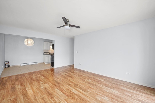 860 E Old Willow Rd Unit 228, Prospect Heights, IL 60070 - unfurnished living room featuring a baseboard radiator, a ceiling fan, light wood-type flooring, and a chandelier