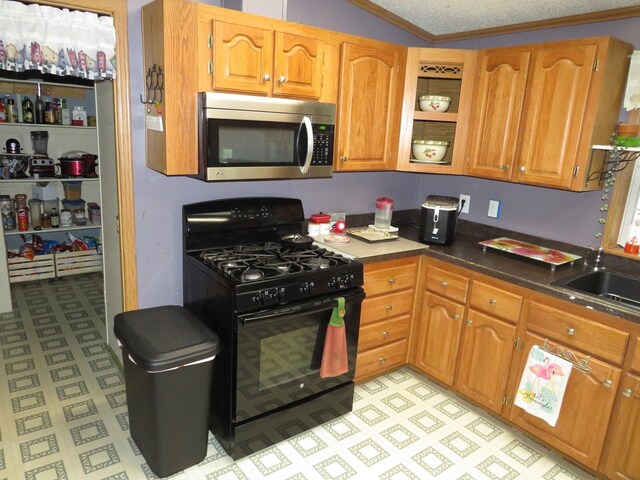 510 7th St, Mazon, IL 60444 - kitchen with stainless steel microwave, black range with gas cooktop, light flooring, crown molding, and dark countertops