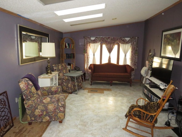 510 7th St, Mazon, IL 60444 - living room featuring vaulted ceiling, ornamental molding, and a textured ceiling