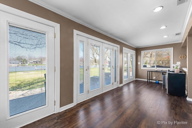 1425 N River Rd, Mchenry, IL 60051 - doorway with ornamental molding, dark wood finished floors, and recessed lighting