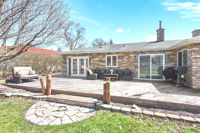 1425 N River Rd, Mchenry, IL 60051 - back of house featuring french doors, an outdoor living space, stone siding, and a wooden deck