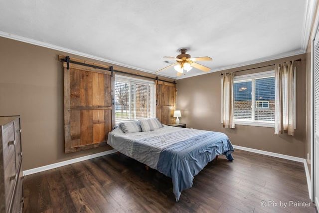 1425 N River Rd, Mchenry, IL 60051 - bedroom with crown molding, a barn door, wood finished floors, and a ceiling fan