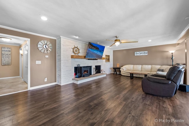 1425 N River Rd, Mchenry, IL 60051 - living area featuring ornamental molding, a ceiling fan, wood finished floors, a large fireplace, and recessed lighting