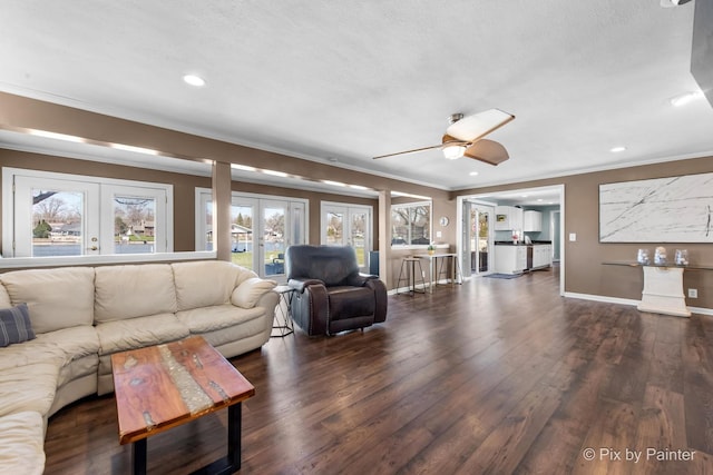 1425 N River Rd, Mchenry, IL 60051 - living area featuring ornamental molding, wood finished floors, recessed lighting, french doors, and ceiling fan