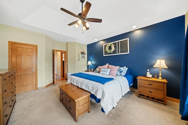 990 Fox Trail Ln, Somonauk, IL 60552 - bedroom with a raised ceiling, light carpet, recessed lighting, and a ceiling fan