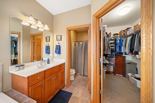 990 Fox Trail Ln, Somonauk, IL 60552 - bathroom featuring vanity, a walk in closet, a shower with curtain, and tile patterned flooring