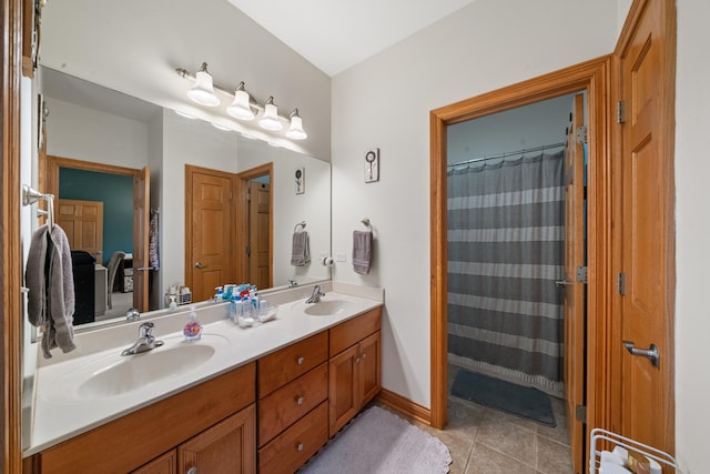 990 Fox Trail Ln, Somonauk, IL 60552 - full bathroom featuring double vanity, tile patterned flooring, and a shower with curtain