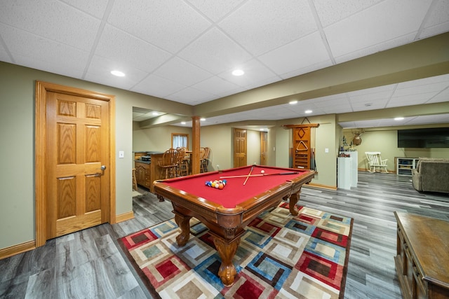 990 Fox Trail Ln, Somonauk, IL 60552 - rec room featuring a paneled ceiling, wood finished floors, a dry bar, pool table, and recessed lighting