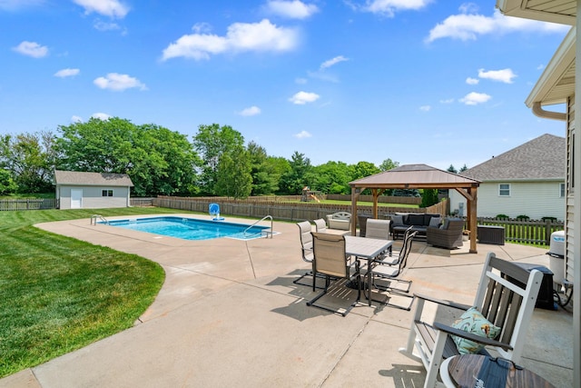990 Fox Trail Ln, Somonauk, IL 60552 - view of pool featuring an outdoor hangout area, a patio, a fenced backyard, and a gazebo