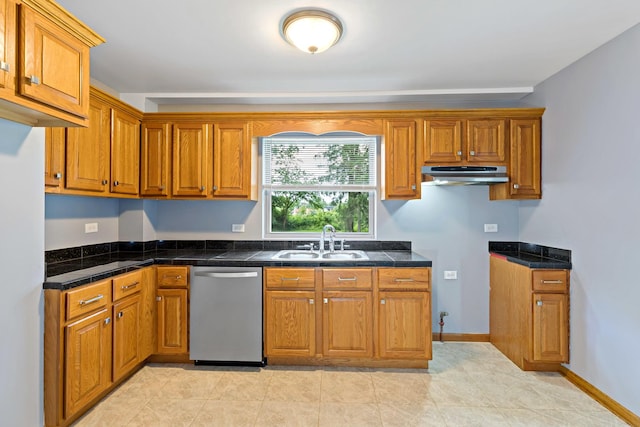 3304 W 160th St, Markham, IL 60428 - kitchen featuring stainless steel dishwasher, under cabinet range hood, brown cabinets, and light tile patterned floors