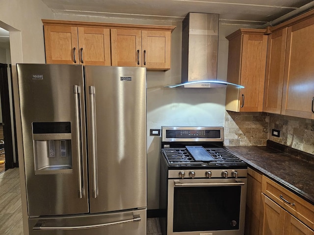 520 Burning Tree Ln Unit 111, Naperville, IL 60563 - kitchen with appliances with stainless steel finishes, wall chimney range hood, brown cabinets, and tasteful backsplash