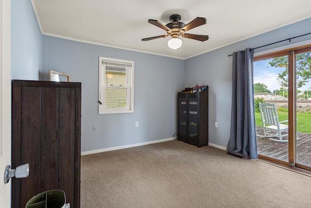 405 N Vorcey St, Tolono, IL 61880 - carpeted spare room featuring ornamental molding and ceiling fan