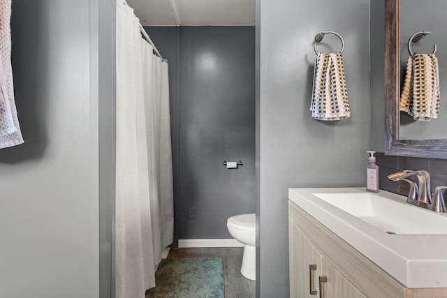 405 N Vorcey St, Tolono, IL 61880 - bathroom with vanity, wood finished floors, a shower with curtain, and tasteful backsplash