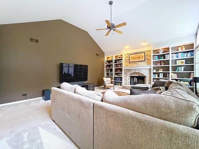 566 Primrose Ln, Crystal Lake, IL 60014 - carpeted living area featuring ceiling fan, a brick fireplace, and vaulted ceiling