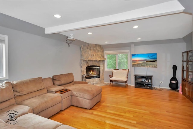 352 Rye Rd, Mundelein, IL 60060 - living room with light wood-style floors, recessed lighting, beamed ceiling, and a stone fireplace