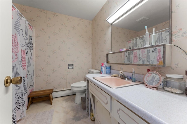 1356 Briarcliff Dr, Rantoul, IL 61866 - bathroom featuring vanity, baseboard heating, a shower with shower curtain, and wallpapered walls