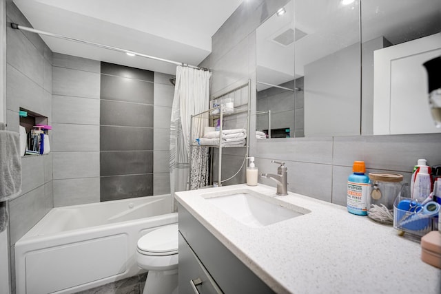 9819 Nottingham Ave Unit 106, Chicago Ridge, IL 60415 - full bathroom with vanity, shower / tub combo with curtain, tile walls, and decorative backsplash