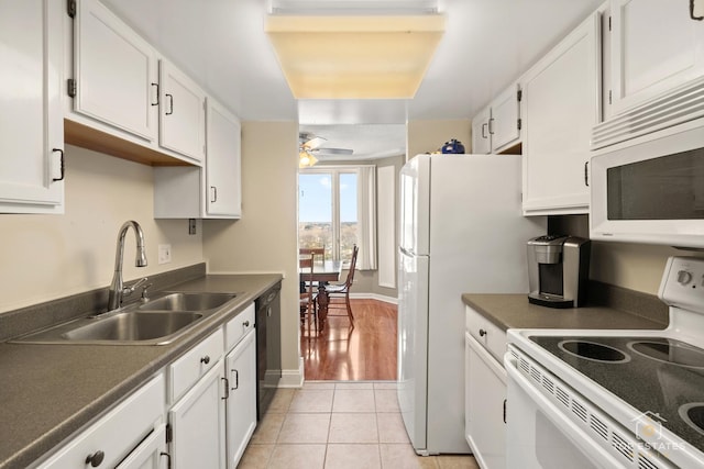 1 Renaissance Pl Unit 1121, Palatine, IL 60067 - kitchen with white appliances, ceiling fan, white cabinetry, light tile patterned flooring, and dark countertops