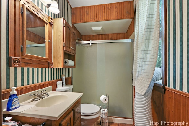 146 Westerfield Pl, Grayslake, IL 60030 - full bathroom featuring wallpapered walls, an enclosed shower, vanity, and a wainscoted wall