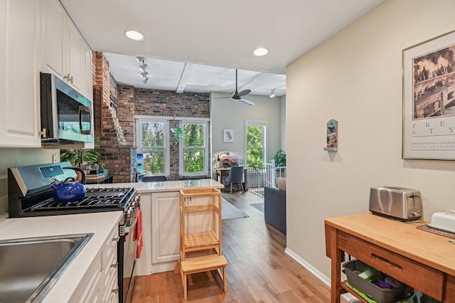 1873 N Fremont St Unit 3Fw, Chicago, IL 60614 - kitchen with stainless steel appliances, light wood-style flooring, light countertops, rail lighting, and a peninsula