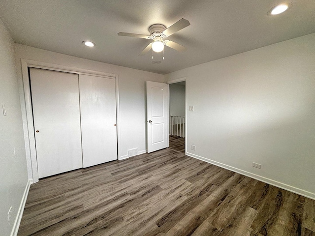 8664 Gregory Ln Unit E, Des Plaines, IL 60016 - unfurnished bedroom featuring wood finished floors, a closet, recessed lighting, and ceiling fan
