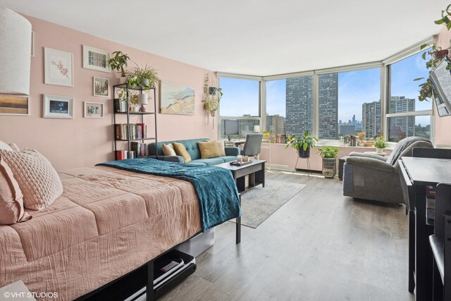 720 W Gordon Ter Unit 18R, Chicago, IL 60613 - bedroom featuring a skyline view, wood finished floors, and multiple windows