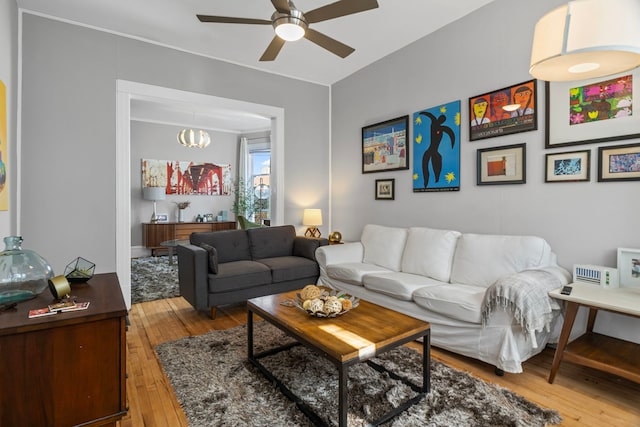 2119 N Karlov Ave, Chicago, IL 60639 - living area with hardwood / wood-style floors, ceiling fan, and a chandelier