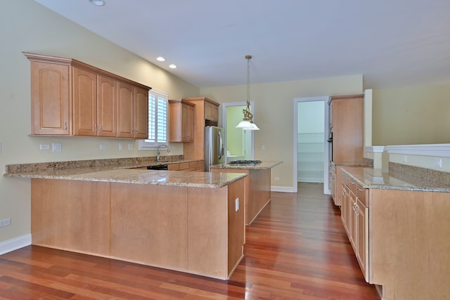 121 Rose Dr, Bloomingdale, IL 60108 - kitchen featuring appliances with stainless steel finishes, a peninsula, a center island, wood finished floors, and recessed lighting