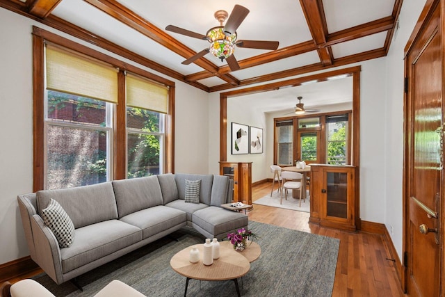 2638 W Rice St Unit 2S, Chicago, IL 60622 - living room featuring coffered ceiling, a ceiling fan, plenty of natural light, hardwood / wood-style flooring, and beamed ceiling