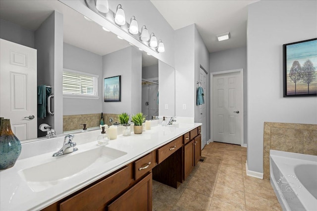 0N585 Charlotte Dr, Geneva, IL 60134 - bathroom featuring a bath, double vanity, an enclosed shower, and tile patterned flooring